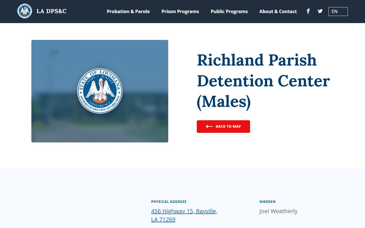 Richland Parish Detention Center (Male) inmate lookup facility detail from Louisiana DPS&C